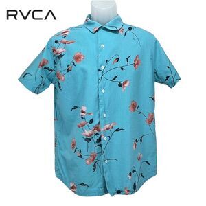 RVCA Men's Small Blue Custom Fit Floral Short‎ Sleeve Button Up Camp Shirt